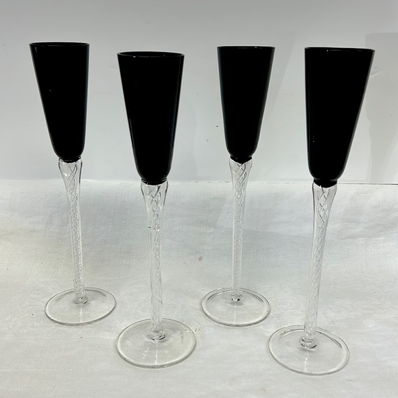 Vintage Iona hand blown set of 4 air-twist ebony crystal tall cordial glasses - Picture 1 of 7